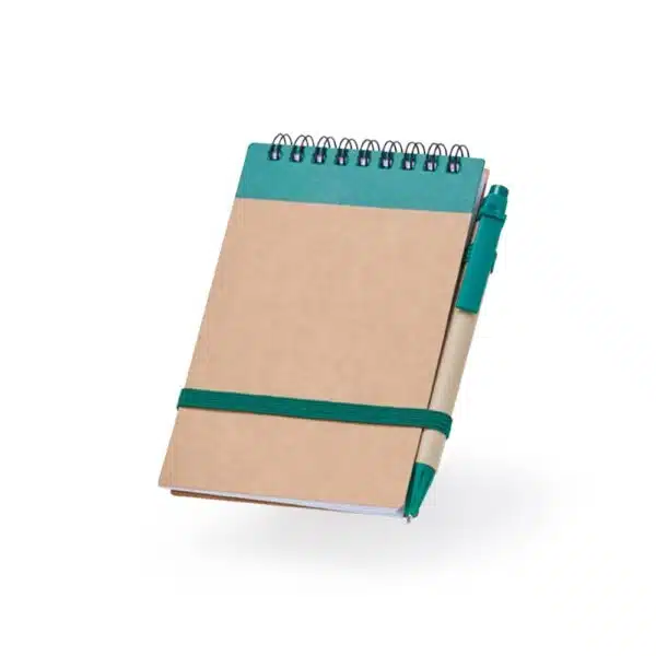 Caderno corporativo azul com caneta brinde sustentável