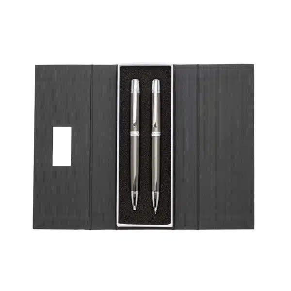 Kit caneta lapiseira metálica com gravação laser cinza