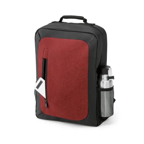 Mochila azul personalizada com placa de metal empresa