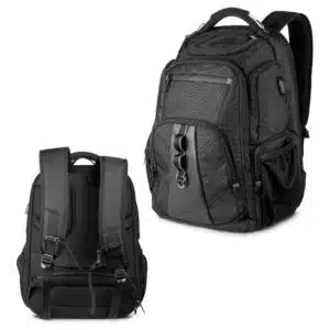 Mochila personalizada preta com logo corporativo transfer