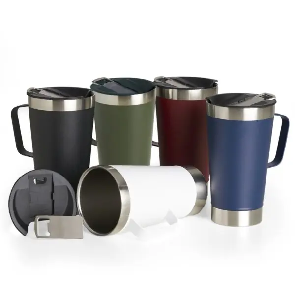 Caneca térmica azul com logo empresa gravação laser