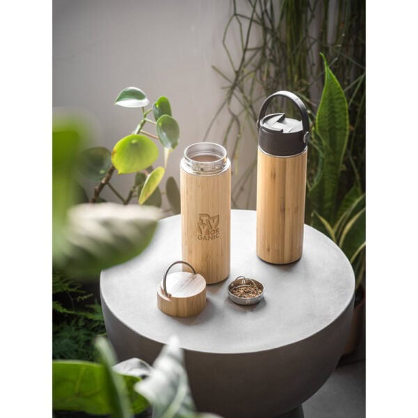 Garrafa térmica bambu preta personalização UV empresas