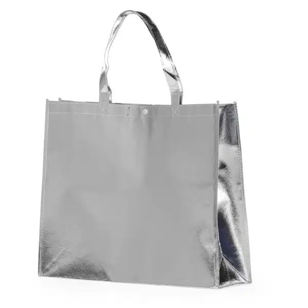 Sacola TNT metalizada azul com logo empresa silk