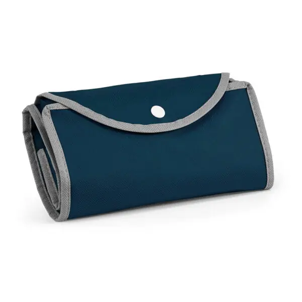 Brinde ecobag azul dobrável personalizada transfer logo