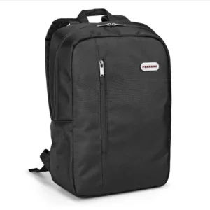 Mochila personalizada preta Devin com placa de metal corporativa