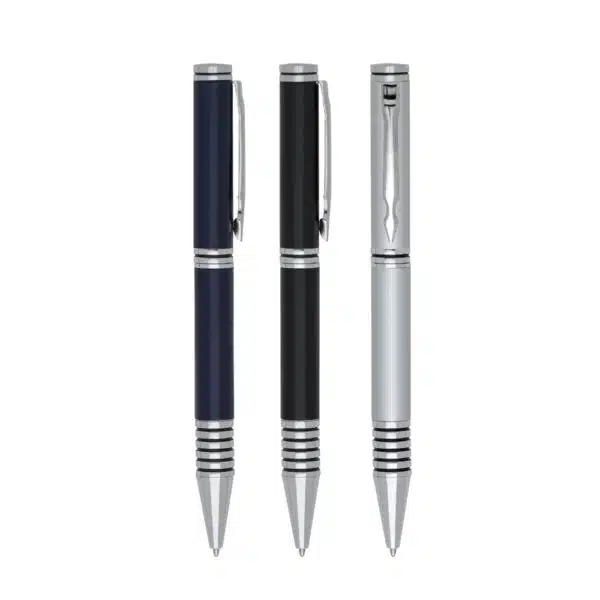 Caneta personalizada metal preta prata azul corporativa