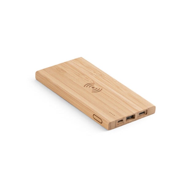 Bateria portátil corporativa bambu com logo da empresa UV