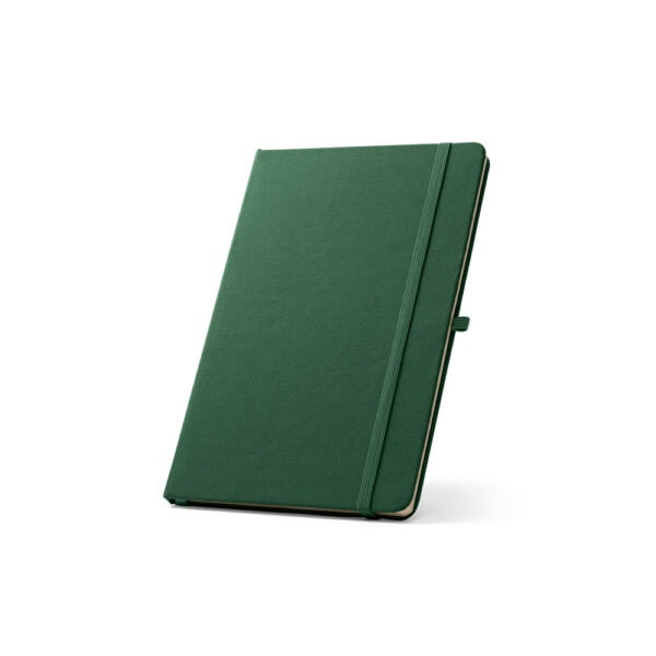 Caderno corporativo A5 poliéster reciclado aberto mostrando miolo