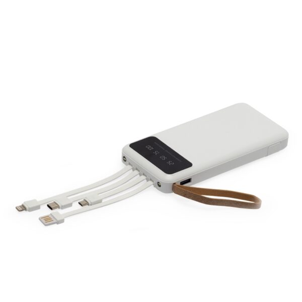 Carregador portátil branco com múltiplas saídas e logo empresa