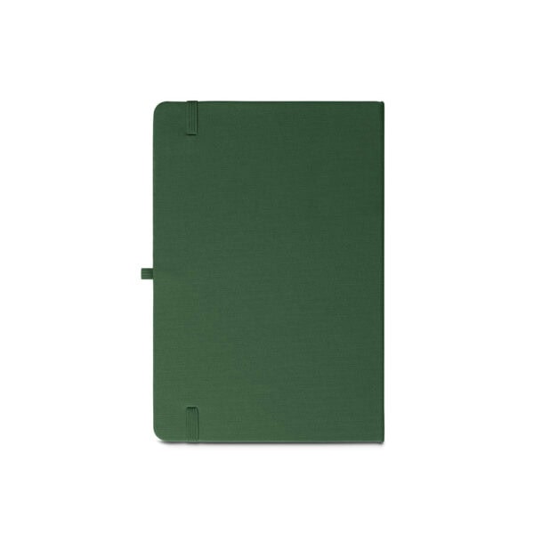 Caderno A5 com logo corporativo em poliéster reciclado vista traseira