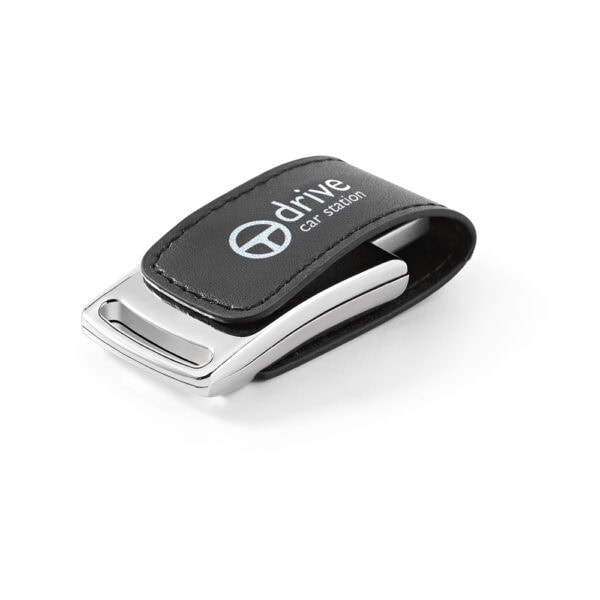 Brinde corporativo pen drive preto 16 GB com logo em baixo relevo