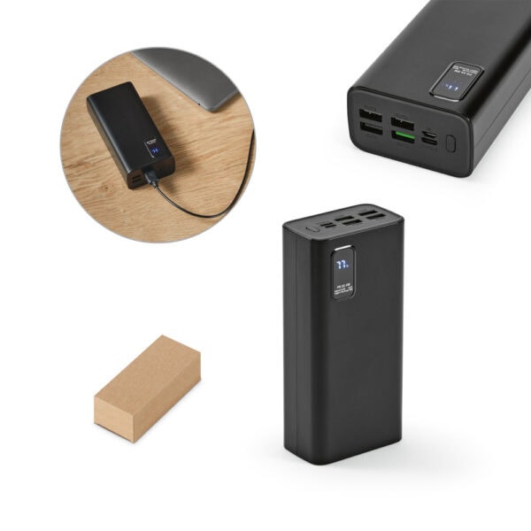 Bateria portátil preta com logo empresa gravação UV digital