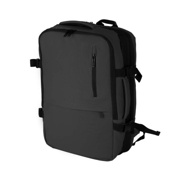 Mochila personalizada azul com placa de metal e logo