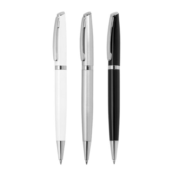 Caneta personalizada metal preta prata branco corporativa