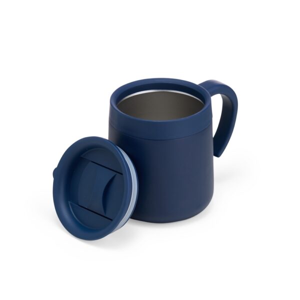 Caneca térmica azul com logo empresa gravação laser