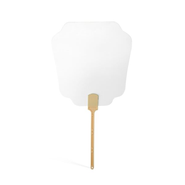 Detalhe da estampa em leque papel branco com logo empresarial