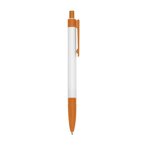 Caneta plástica laranja personalizada com logomarca