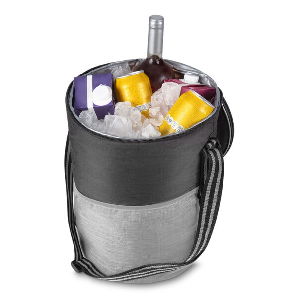 Bolsa térmica cinza 26L com logo em transfer corporativo