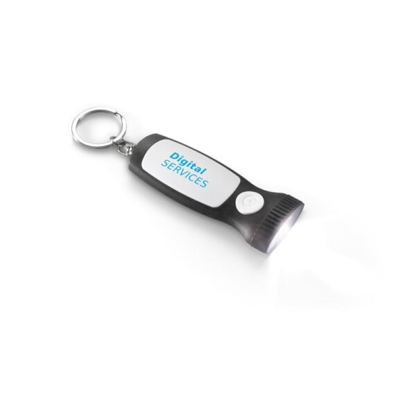 Chaveiro corporativo LED com logo silk azul e preto