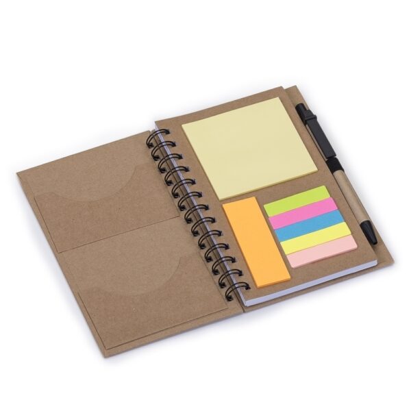 Caderneta preta com sticky notes e caneta gravação silk