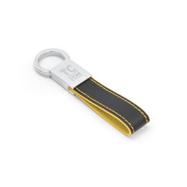 Chaveiro brinde corporativo gravação laser couro amarelo