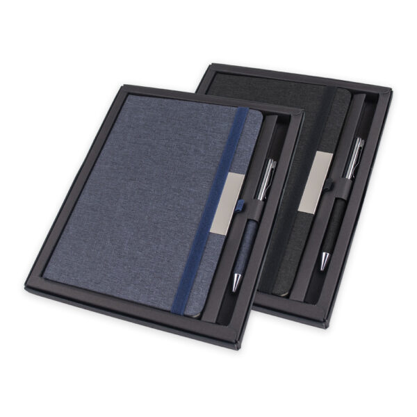 Kit caderno caneta personalizado corporativo azul preto