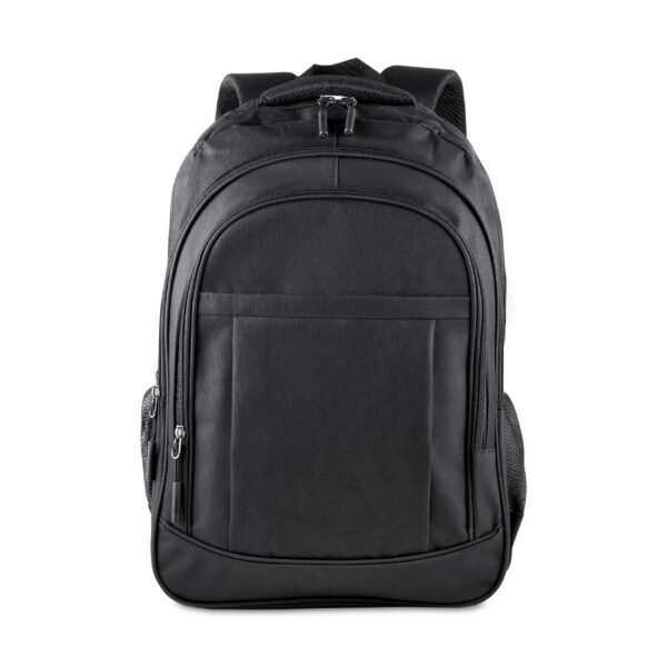 Mochila preta com placa de metal gravada para empresas