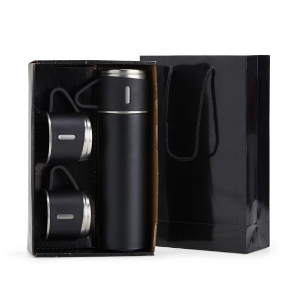 Garrafa térmica prata kit 3 xícaras personalizado corporativo