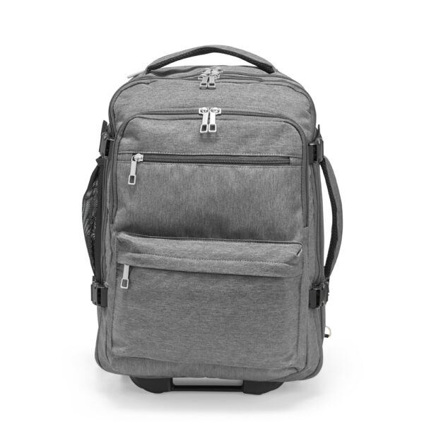 Mochila executiva cinza com placa de metal logo