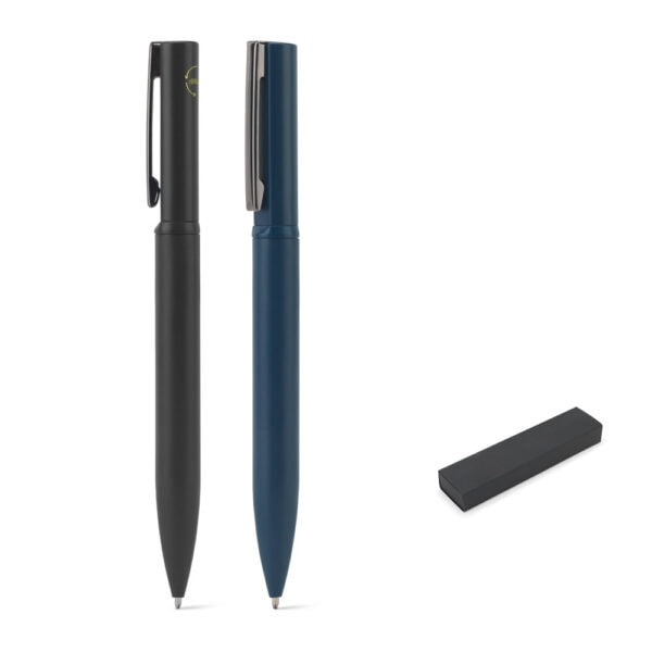 Caneta personalizada metal elegante preta azul corporativa