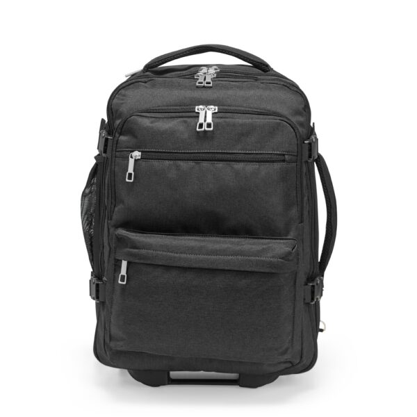 Mochila de rodinha azul com gravação transfer empresa