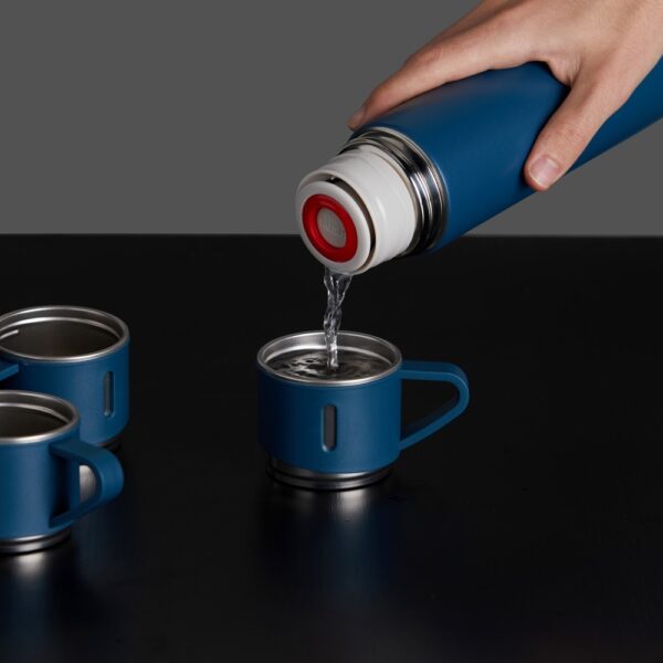 Conjunto corporativo azul garrafa térmica 3 xícaras laser