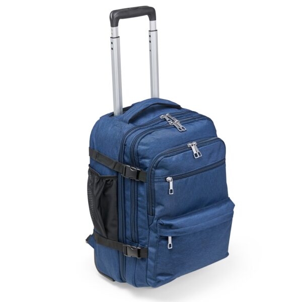 Mochila de rodinha azul cinza corporativa com logo